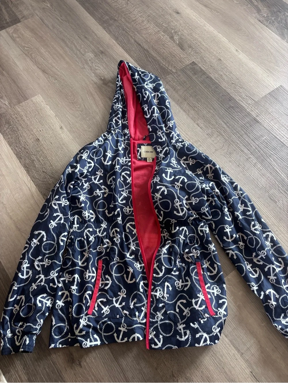 Kids Navy Anchor Print Hooded Jacket with Red Trim